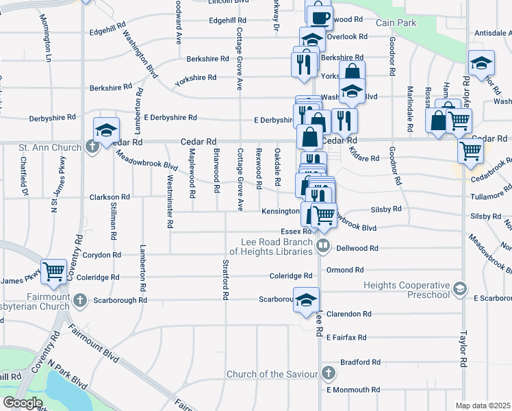 map of restaurants, bars, coffee shops, grocery stores, and more near 3106 Kensington Road in Cleveland Heights