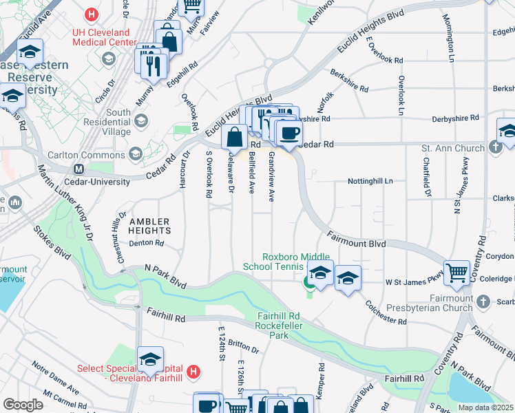map of restaurants, bars, coffee shops, grocery stores, and more near 2272 Grandview Avenue in Cleveland Heights