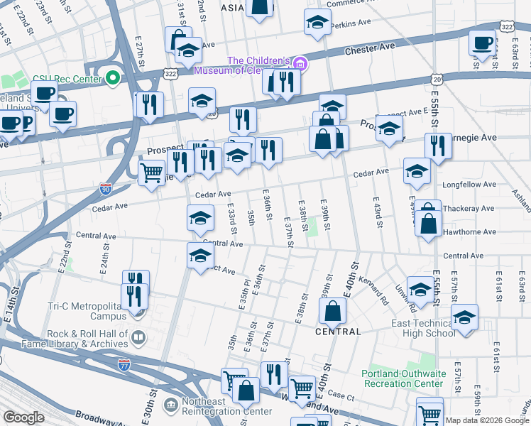 map of restaurants, bars, coffee shops, grocery stores, and more near 2211 East 36th Street in Cleveland