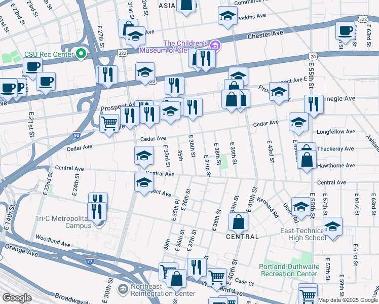 map of restaurants, bars, coffee shops, grocery stores, and more near 2211 East 36th Street in Cleveland