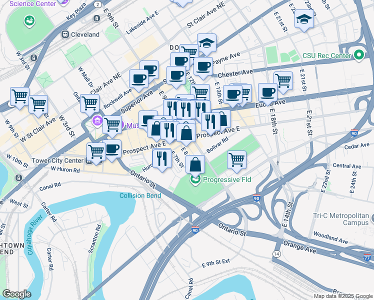 map of restaurants, bars, coffee shops, grocery stores, and more near 737 Bolivar Road in Cleveland