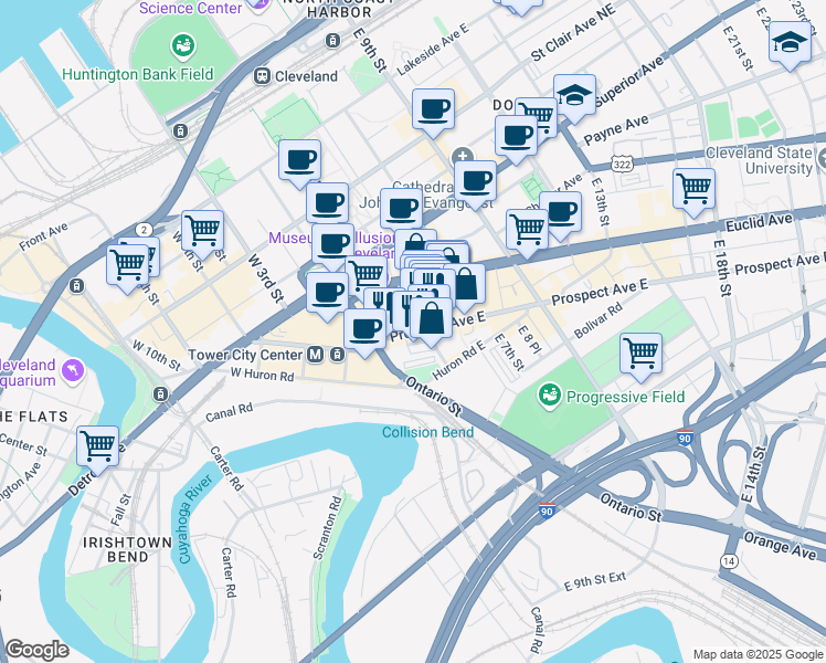 map of restaurants, bars, coffee shops, grocery stores, and more near 2148 East 4th Street in Cleveland