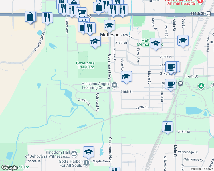 map of restaurants, bars, coffee shops, grocery stores, and more near 4032 216th Street in Matteson