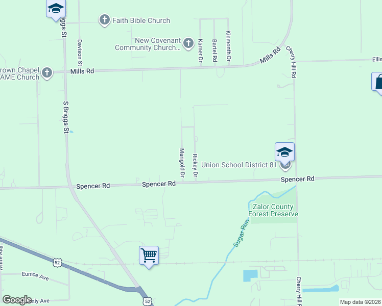 map of restaurants, bars, coffee shops, grocery stores, and more near 1605 Rickey Drive in Joliet