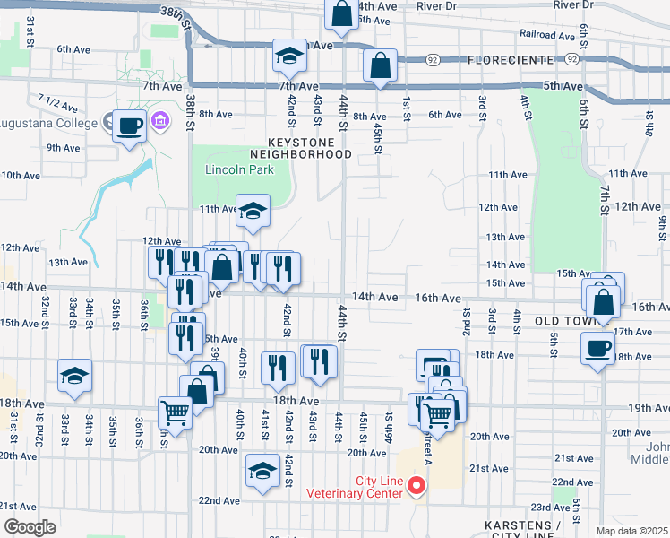 map of restaurants, bars, coffee shops, grocery stores, and more near 1335 44th Street in Rock Island