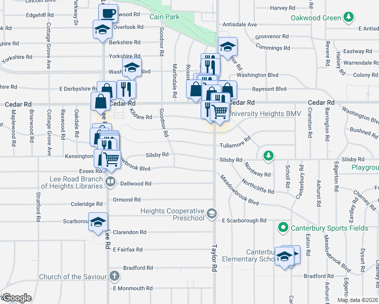 map of restaurants, bars, coffee shops, grocery stores, and more near 3391 Meadowbrook Boulevard in Cleveland Heights