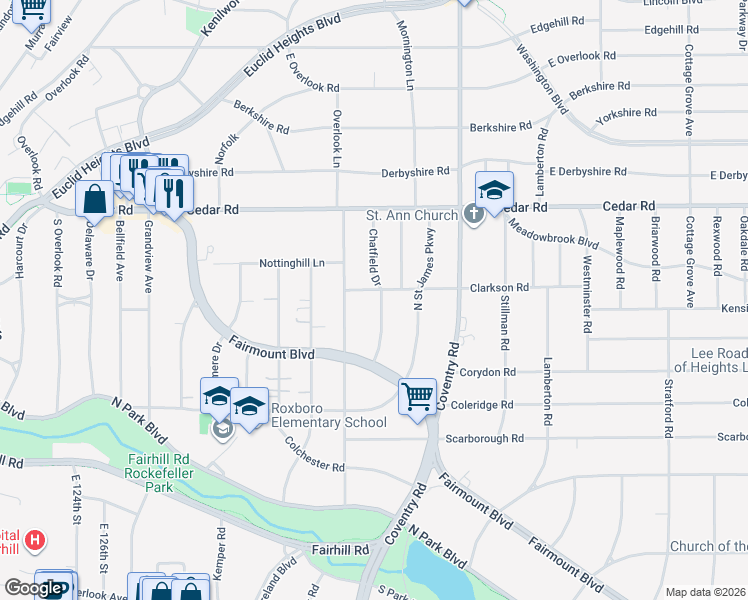 map of restaurants, bars, coffee shops, grocery stores, and more near 2276 Chatfield Drive in Cleveland Heights
