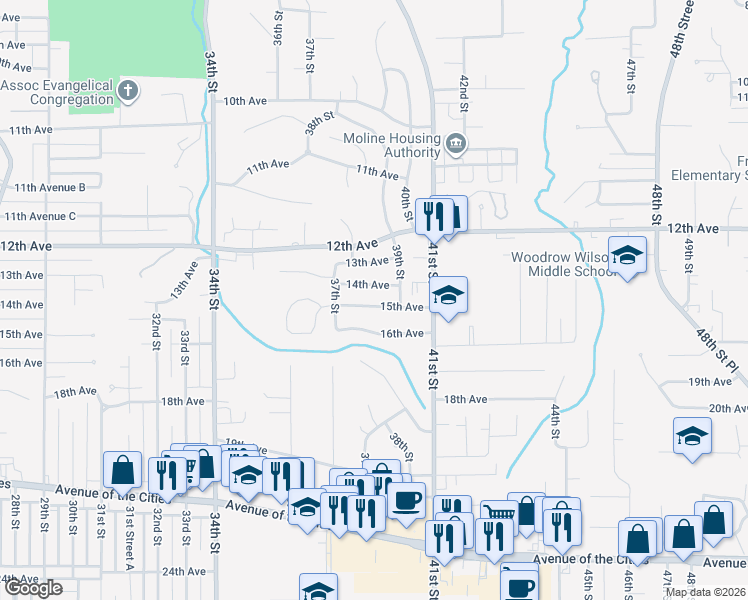 map of restaurants, bars, coffee shops, grocery stores, and more near 3713 16th Avenue in Moline