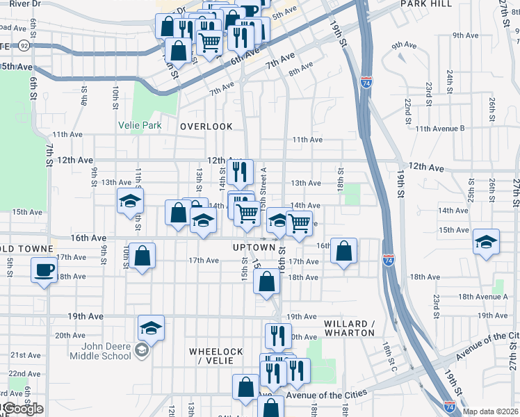 map of restaurants, bars, coffee shops, grocery stores, and more near 1529 15th Avenue in Moline