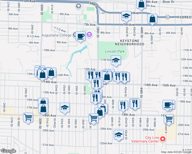 map of restaurants, bars, coffee shops, grocery stores, and more near 3801 14th Avenue in Rock Island