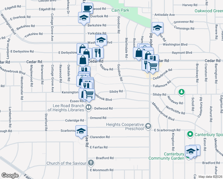 map of restaurants, bars, coffee shops, grocery stores, and more near 3319 Meadowbrook Boulevard in Cleveland Heights