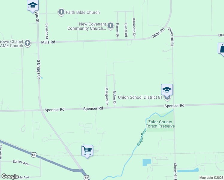 map of restaurants, bars, coffee shops, grocery stores, and more near 1605 Rickey Drive in Joliet