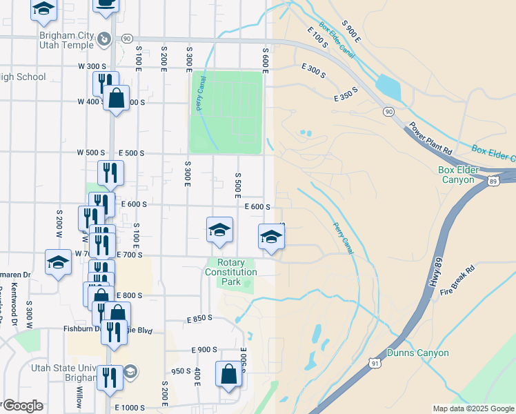 map of restaurants, bars, coffee shops, grocery stores, and more near 548 East 600 South in Brigham City