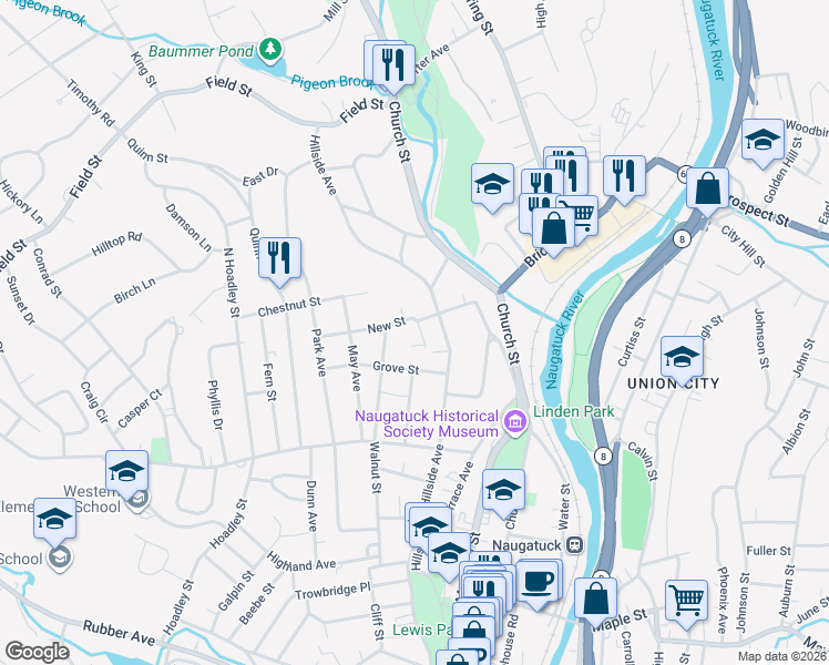 map of restaurants, bars, coffee shops, grocery stores, and more near 49 Grove Street in Naugatuck