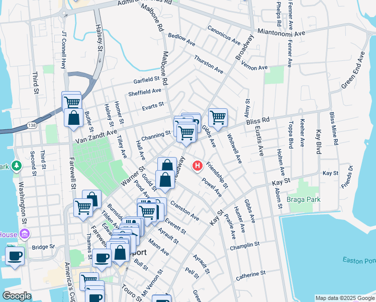 map of restaurants, bars, coffee shops, grocery stores, and more near 20 Powel Avenue in Newport