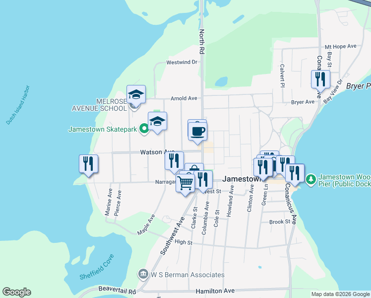 map of restaurants, bars, coffee shops, grocery stores, and more near 38 Watson Avenue in Jamestown