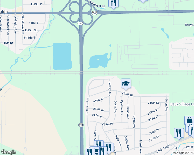 map of restaurants, bars, coffee shops, grocery stores, and more near 21458 Peterson Avenue in Sauk Village