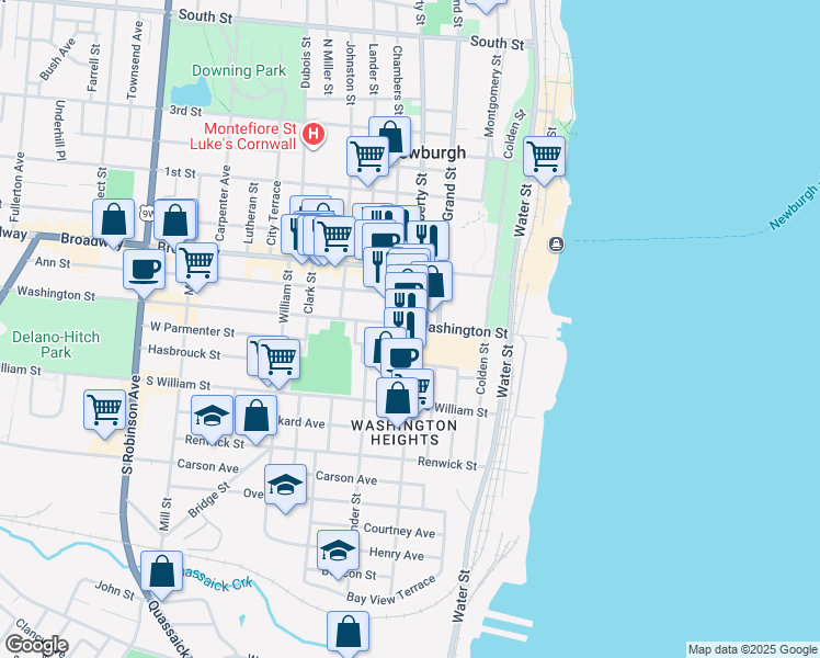 map of restaurants, bars, coffee shops, grocery stores, and more near 97 Liberty Street in Newburgh