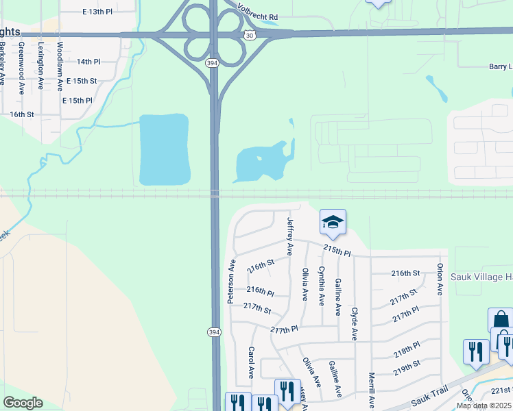 map of restaurants, bars, coffee shops, grocery stores, and more near 21458 Peterson Avenue in Sauk Village