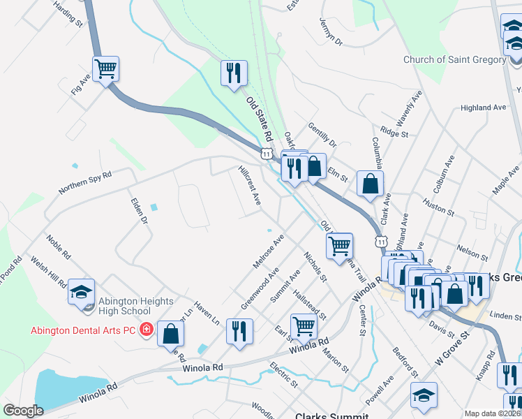 map of restaurants, bars, coffee shops, grocery stores, and more near 101 Hillcrest Avenue in Lackawanna