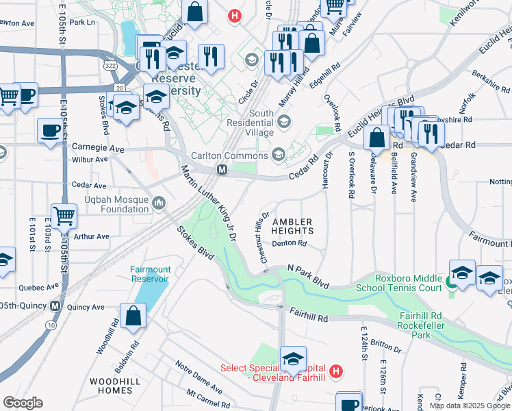 map of restaurants, bars, coffee shops, grocery stores, and more near 1801 Chestnut Hills Drive in Cleveland Heights