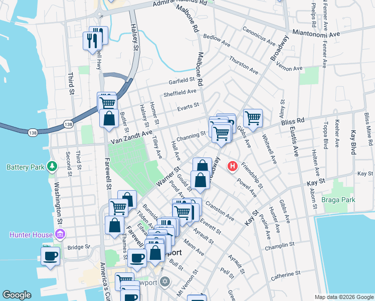 map of restaurants, bars, coffee shops, grocery stores, and more near 30 Newport Avenue in Newport