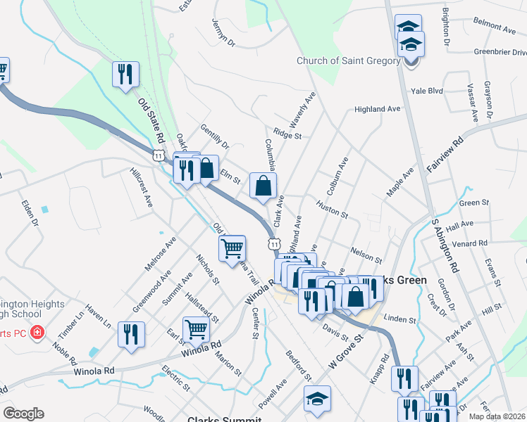 map of restaurants, bars, coffee shops, grocery stores, and more near 306 Thurston Street in Clarks Summit