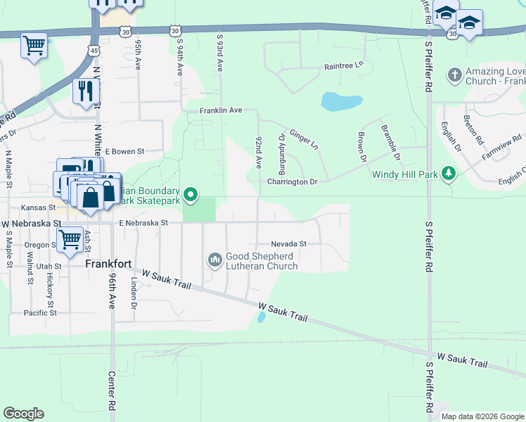 map of restaurants, bars, coffee shops, grocery stores, and more near 9167 Charrington Drive in Frankfort