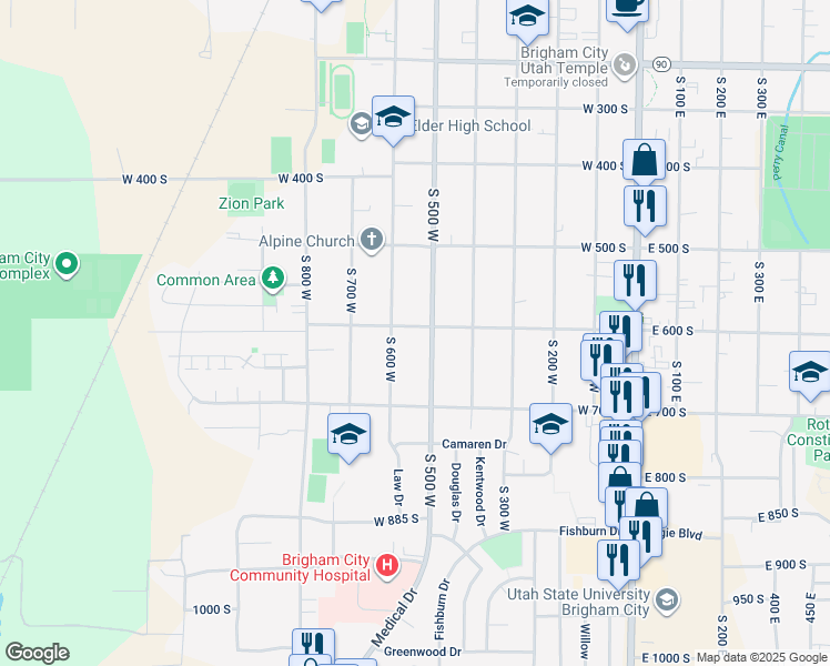 map of restaurants, bars, coffee shops, grocery stores, and more near 512 West 600 South in Brigham City
