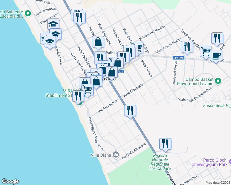 map of restaurants, bars, coffee shops, grocery stores, and more near 99 Via Ardeatina in Anzio