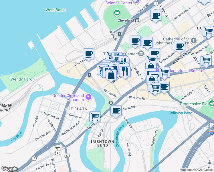 map of restaurants, bars, coffee shops, grocery stores, and more near 1300 West 9th Street in Cleveland