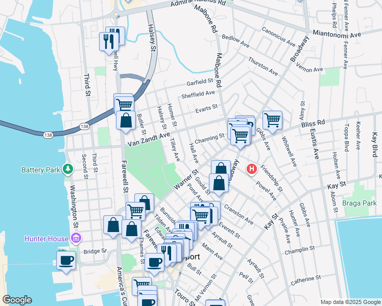 map of restaurants, bars, coffee shops, grocery stores, and more near 30 Hall Avenue in Newport