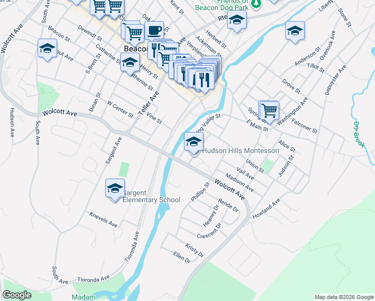 map of restaurants, bars, coffee shops, grocery stores, and more near 135-137 Spring Valley Street in Beacon