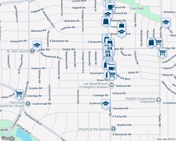 map of restaurants, bars, coffee shops, grocery stores, and more near 3105 Meadowbrook Boulevard in Cleveland Heights
