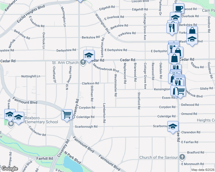 map of restaurants, bars, coffee shops, grocery stores, and more near 2220 Kerrwood Road in Cleveland Heights
