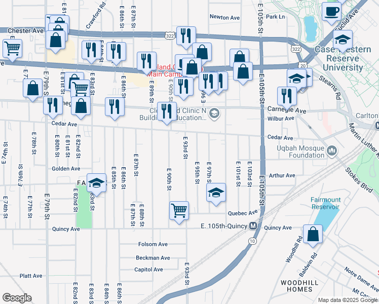 map of restaurants, bars, coffee shops, grocery stores, and more near 2176 East 95th Street in Cleveland