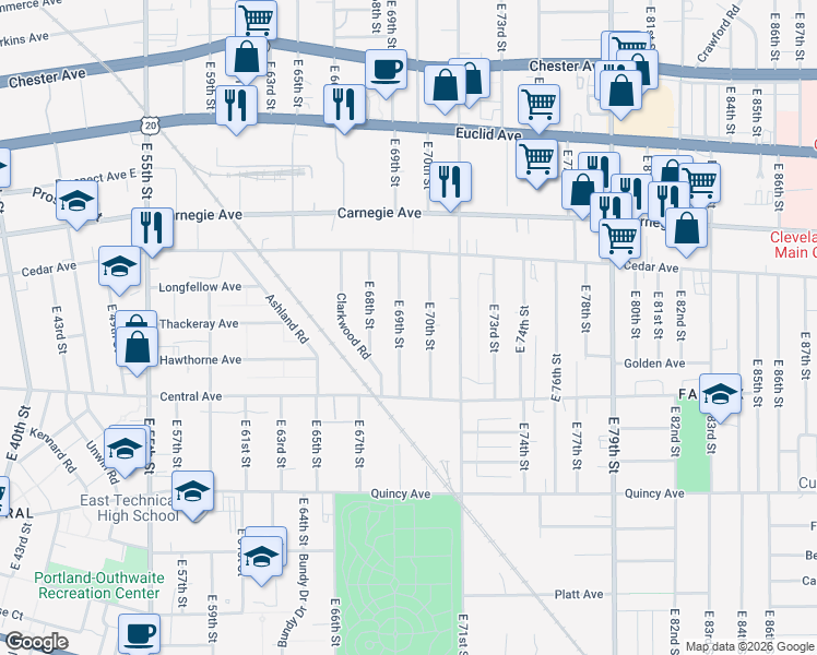 map of restaurants, bars, coffee shops, grocery stores, and more near 2202 East 69th Street in Cleveland