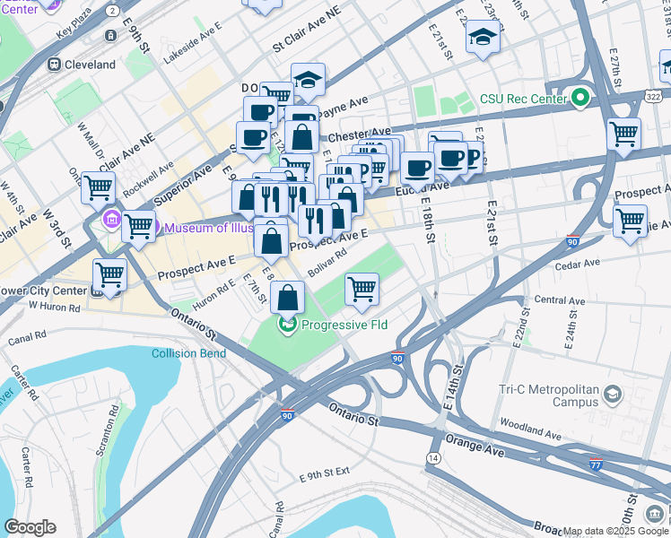 map of restaurants, bars, coffee shops, grocery stores, and more near 1122 Prospect Avenue East in Cleveland