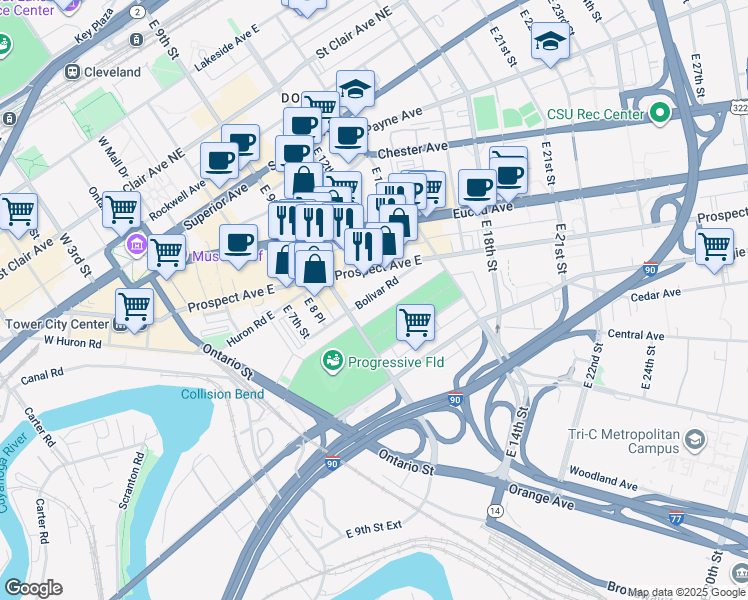 map of restaurants, bars, coffee shops, grocery stores, and more near 1010 Prospect Avenue East in Cleveland