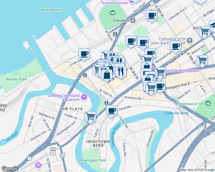 map of restaurants, bars, coffee shops, grocery stores, and more near 1300 West 9th Street in Cleveland