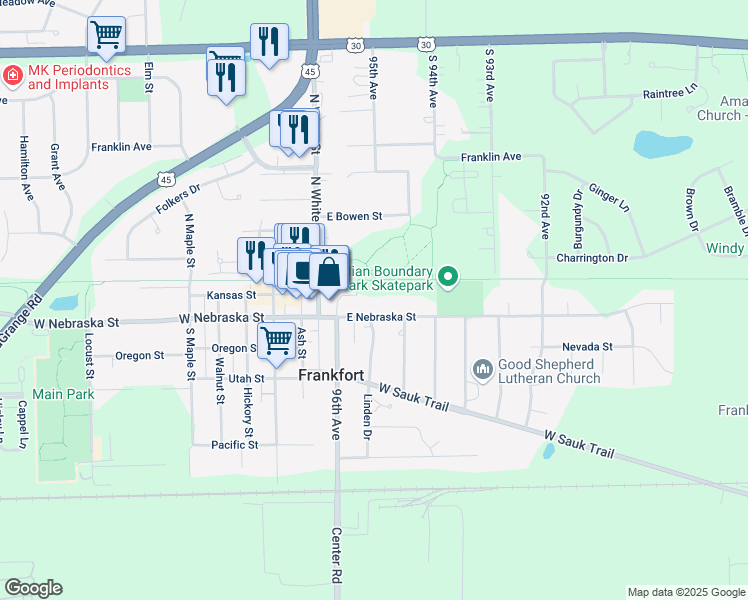map of restaurants, bars, coffee shops, grocery stores, and more near 13 White Street in Frankfort