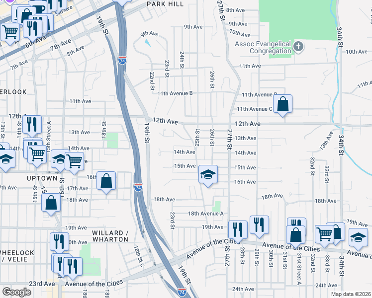 map of restaurants, bars, coffee shops, grocery stores, and more near 1225 25th Street in Moline