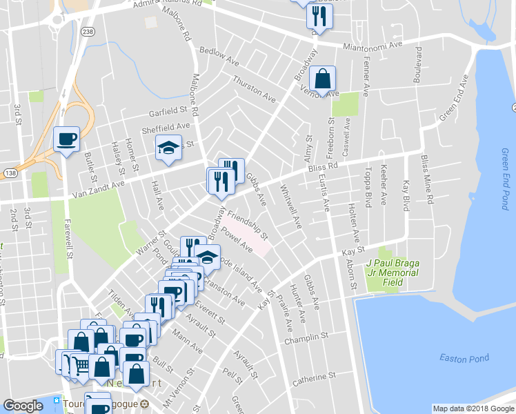 map of restaurants, bars, coffee shops, grocery stores, and more near 53 Gibbs Avenue in Newport