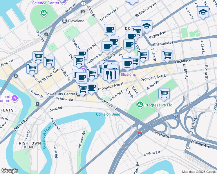 map of restaurants, bars, coffee shops, grocery stores, and more near East 4th Street in Cleveland