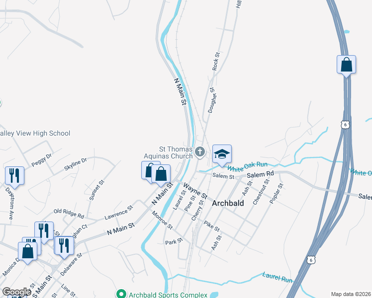 map of restaurants, bars, coffee shops, grocery stores, and more near 601-631 Main Street in Jermyn