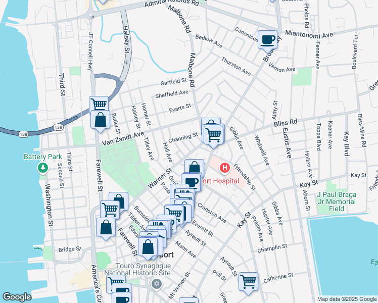 map of restaurants, bars, coffee shops, grocery stores, and more near 96 Warner Street in Newport