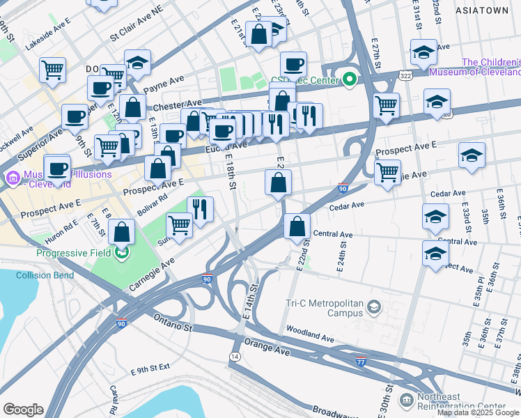map of restaurants, bars, coffee shops, grocery stores, and more near Carnegie Avenue in Cleveland