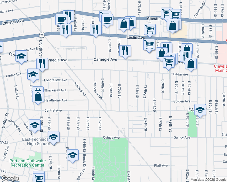 map of restaurants, bars, coffee shops, grocery stores, and more near 2202 East 69th Street in Cleveland