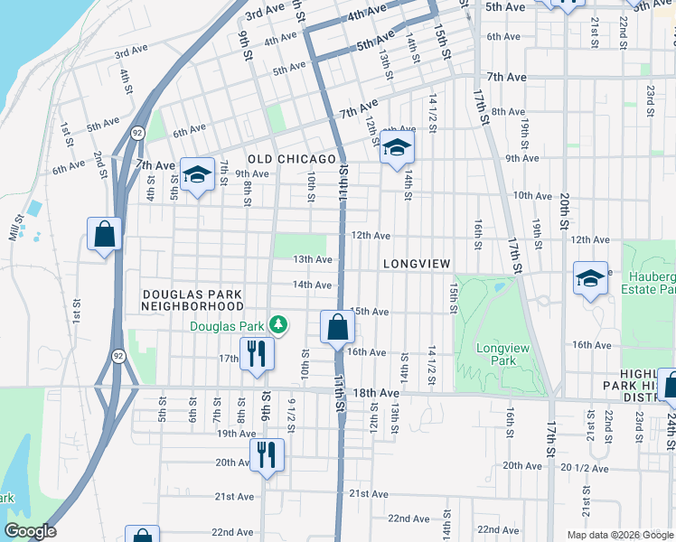 map of restaurants, bars, coffee shops, grocery stores, and more near 1320 11th Street in Rock Island