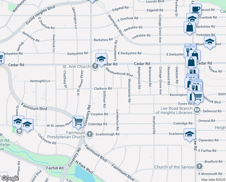 map of restaurants, bars, coffee shops, grocery stores, and more near 2225 Stillman Road in Cleveland Heights